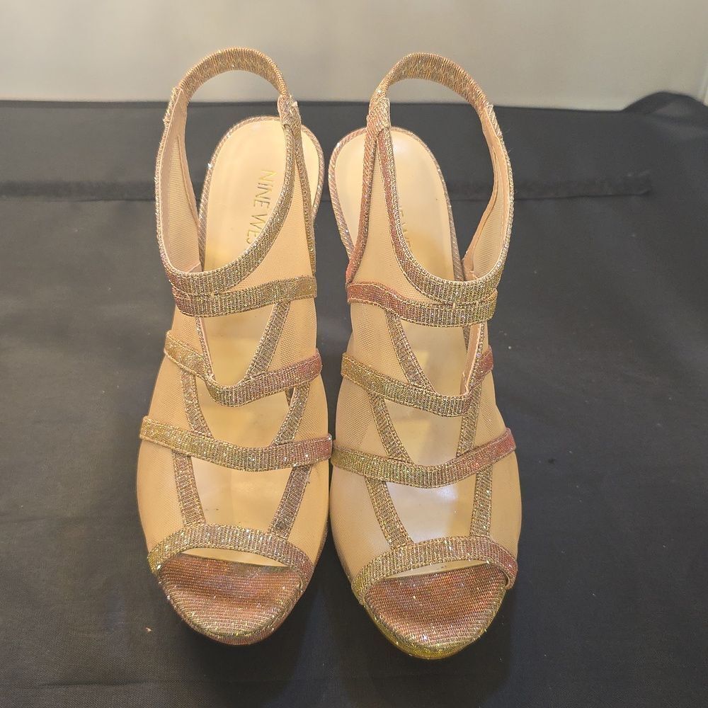 NINE WEST SHIMMER GOLD STRAPPY DESIGN PEEP TOE HEEL SANDAL